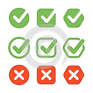 Green check marks and red cross signs collection. Checkboxes with yes and no, tick and cross labels. Approved and reject