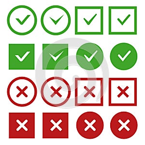 Green check marks and red crosses vector buttons or icons