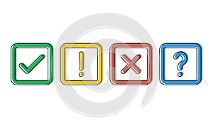 Green check, red cross, blue question mark and yellow exclamation point in squares