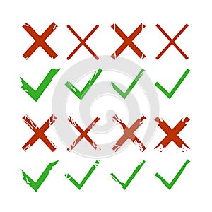 Green check, tick and red cross signs isolated on white background. Green checkmark OK and red X icons. Symbols YES and NO. Vector