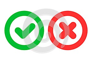 Green checkmark ok and red cross x icons as positive and negative symbols isolated on white background