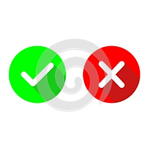 Green checkmark ok and red x flat vector icons.Circle symbols yes and no button for vote.Tick and cross signs with long shadow ill
