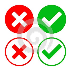 Green checkmark and red X round vector icons, isolated on white background