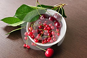 Green cherry leaves, red currant sprigs and ripe cherries in a white bowl closeup