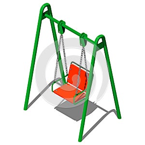 Green children`s swing with armchair, vector illustration in isometric perspective