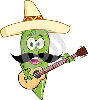 Green Chili Pepper Cartoon Character With Mexican Hat And Mustache Playing A Guitar