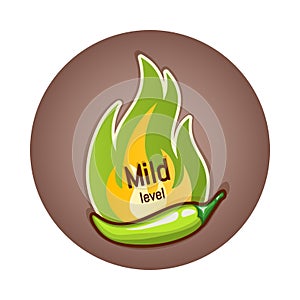 Green chili pepper pod and flame of fire from behind, badge or logo design. Mild hotness or spiciness level