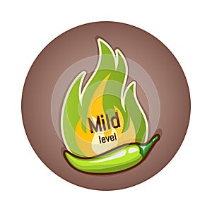 Green chili pepper pod and flame of fire from behind, badge or logo design. Mild hotness or spiciness level photo