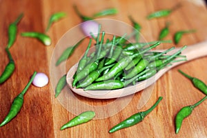 Green Chilli peppers on wooden spoon