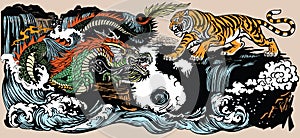 Green Chinese dragon and tiger illustration