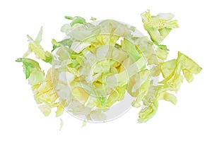 Green chopped cabbage isolated on white background with clipping path and full depth of field. Top view. Flat lay.