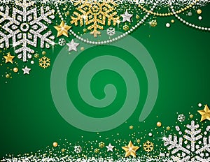 Green christmas background with frame of golden and silver glittering snowflakes, stars and garlands, vector