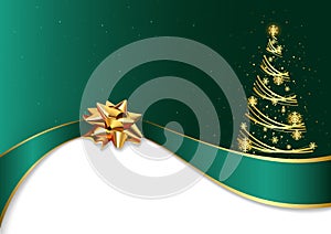 Green Christmas Background with Golden Bow and Tree photo