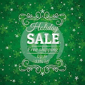 Green christmas background and label with sale off