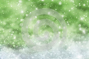 Green Christmas Background With Snow, Snwoflakes, Stars