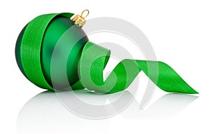Green Christmas ball covered with curled ribbon Isolated
