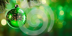 Green christmas ball on green bokeh background with copy space