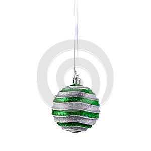 Green christmas ball hanging, isolated on white background. christmas tree ornaments.