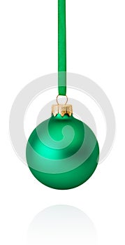 Green Christmas ball hanging on ribbon Isolated on white