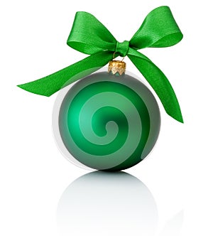 Green Christmas ball with ribbon bow Isolated on white