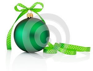 Green Christmas ball with ribbon bow Isolated on white