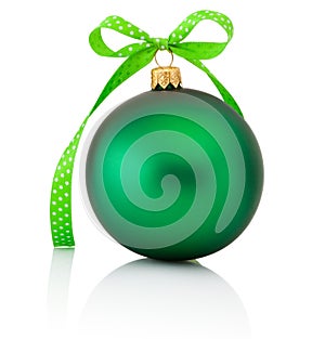 Green Christmas ball with ribbon bow Isolated on white background