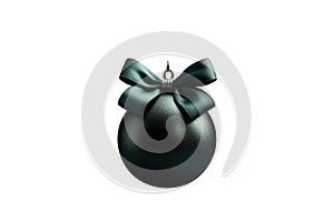 green Christmas ball with ribbon and a bow on white background. Generative AI