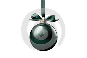 green Christmas ball with ribbon and a bow on white background. Generative AI