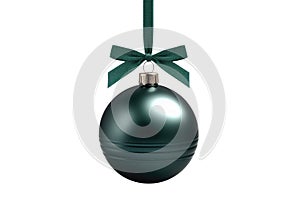 green Christmas ball with ribbon and a bow on white background. Generative AI