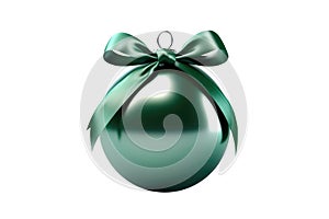 Green Christmas ball with ribbon and a bow on white background. Generative AI