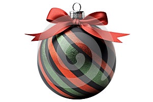 Green Christmas ball with ribbon and a bow on white background. Generative AI