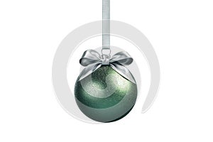 Green Christmas ball with ribbon and a bow on white background. Generative AI