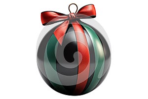 Green Christmas ball with ribbon and a bow on white background. Generative AI