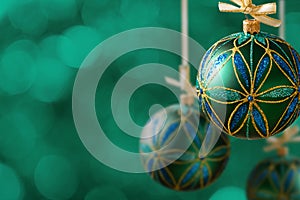 Green christmas balls hanging on abstract background