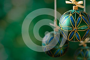 Green christmas balls hanging on abstract background