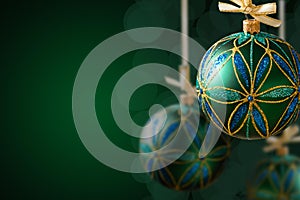 Green christmas balls hanging on abstract background