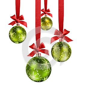 Green Christmas balls red ribbon