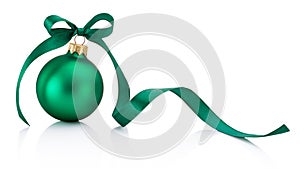 Green Christmas bauble with ribbon bow isolated on white backgro