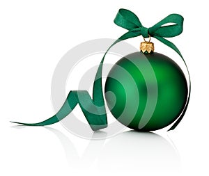 Green Christmas bauble with ribbon bow isolated on white