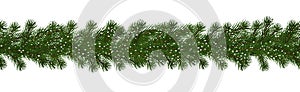 Green Christmas border of pine branch with snow, seamless vector isolated on white background. Xmas