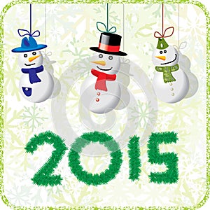 Green Christmas card with snowmen 2015