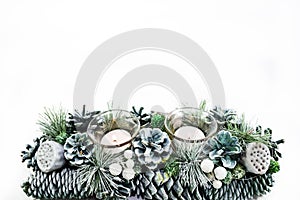 Green Christmas decoration with candles background image isolated on white background