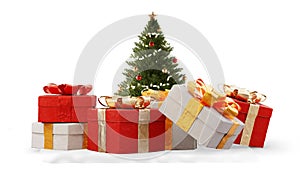 Green Christmas fir and Christmas gifts 3d-illustration