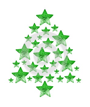 Green Christmas fir tree made of shiny stars white background isolated closeup, stars in shape of decorative New Year pine, xmas