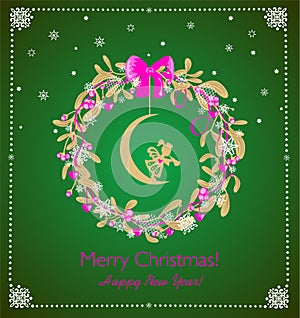 Green Christmas greeting card with decoration gold wreath of mistletoe, little angel on the moon, pink berries and hearts.