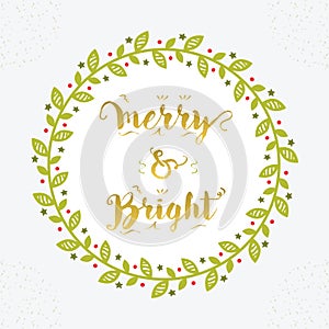 Green Christmas and Holiday Merry & Bright floral circle border decoration emblem