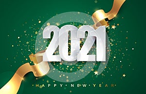 2021Green Christmas, New Year background . Greeting card or poster with happy new year 2021 with gold glitter and shine