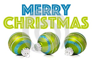 Green Christmas Ornaments on white background with copy space