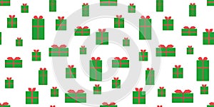 green christmas pattern, on white background, christmas gifts with red bows