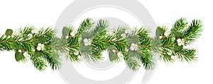 Green Christmas pine twigs and snowberries in a festive garland isolated on white